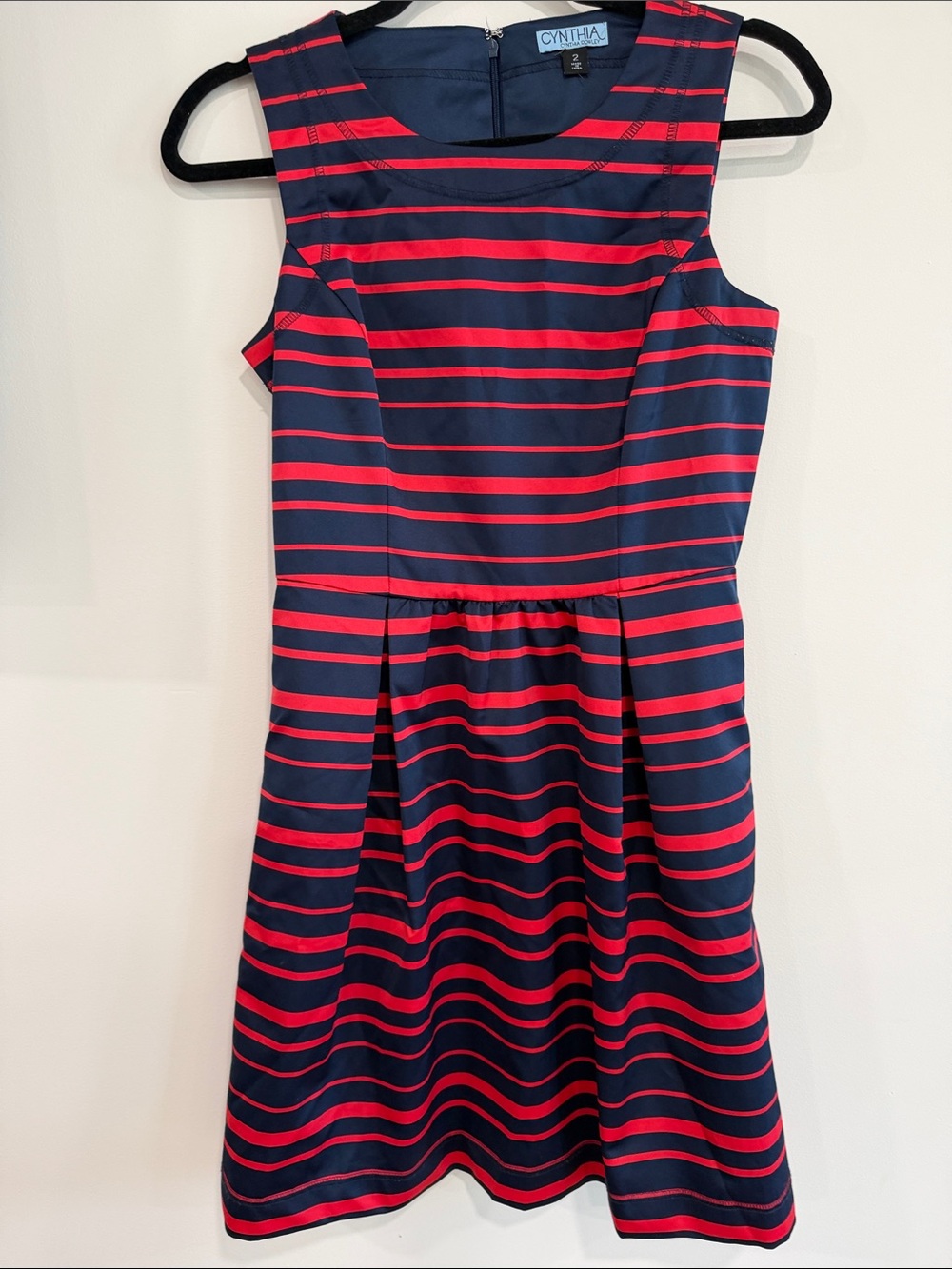 Cynthia Rowley Navy and Red Striped Fit-and-Flare Midi Dress